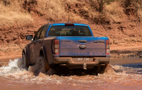 Blue, Ford, rear view, Raptor, pickup, pond, 2018, Ranger