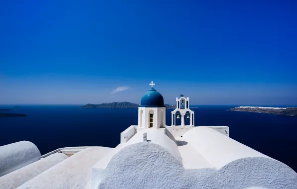 Sea, the sky, Santorini, Greece, Church, the island of Thira