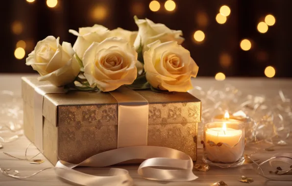 Flowers, holiday, gift, roses, candle, bouquet, candles, bow