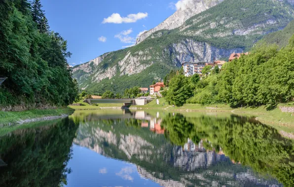 Forest, mountains, bridge, lake, reflection, Italy, Italy, The Dolomites