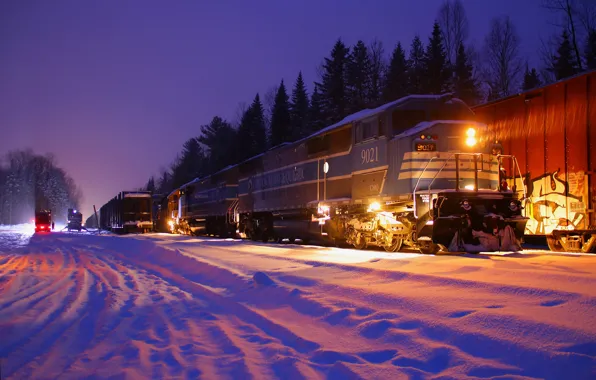 Winter, forest, snow, trees, night, lights, train, railroad