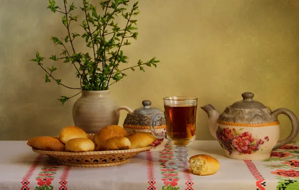 Branches, glass, table, tea, Cup, vase, still life, bread