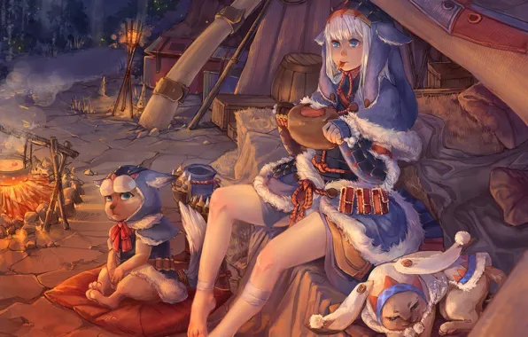 Winter, forest, girl, the fire, rabbits, meat, tent, ears