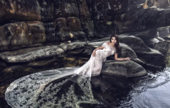 Picture water, stones, dress, Asian, the bride, wedding dress