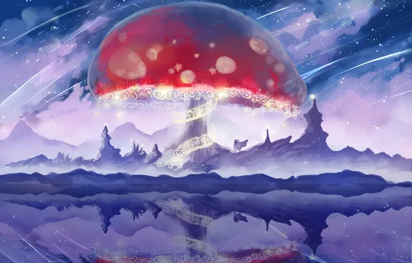 Picture lake, reflection, rocks, pattern, mushrooms, mushroom, art, giant