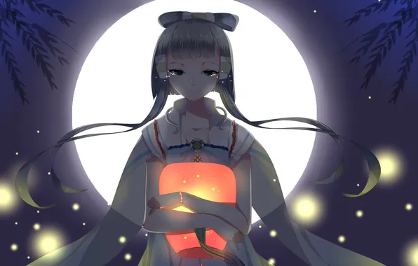 Girl, night, fireflies, branch, the moon, anime, tears, art