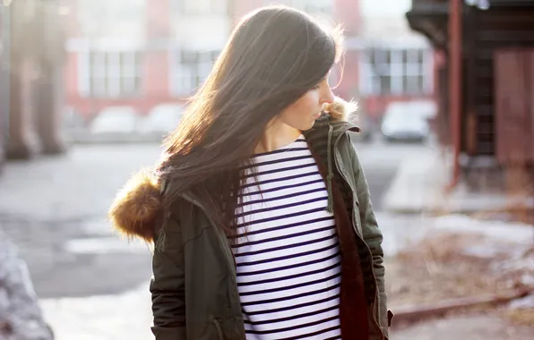 Girl, strips, brunette, jacket, jacket