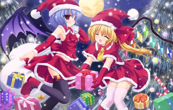 Picture the moon, girls, new year, wings, gifts, crystals, touhou, remilia scarlet