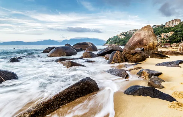 Picture sand, sea, beach, the sky, clouds, trees, mountains, stones