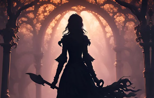 Torn clothes, avenger, Gothic architecture, in the fog, black silhouette, a woman with a gun, …