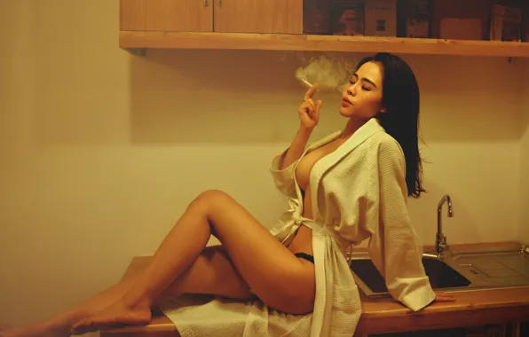 Girl, face, hair, body, figure, kitchen, legs, Bathrobe