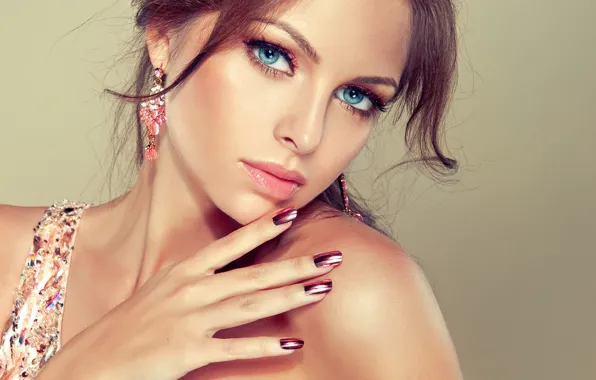 Picture eyes, look, girl, smile, earrings, makeup, blue, manicure