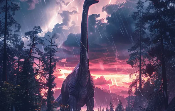Trees, Lightning, Rain, Clouds, Dinosaur, Neck, Animal, Digital art
