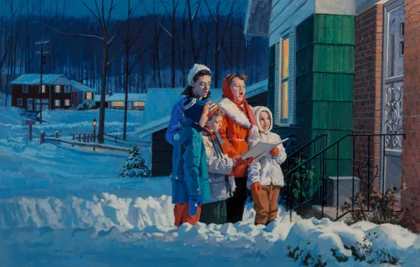 American painter, American artist, Carols, Carolers on front steps of suburban house, Gordon Johnson, Gaouche …