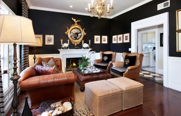 Picture design, sofa, candles, chandelier, fireplace, mansion, design, living room