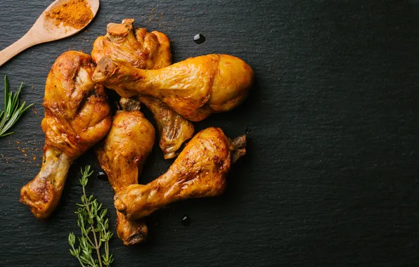 Chicken, legs, black background, rosemary, curry, seasoning, chiken