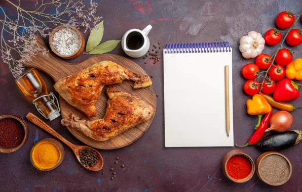 Table, chicken, Notepad, vegetables, tomatoes, spices, chicken legs, chicken meat