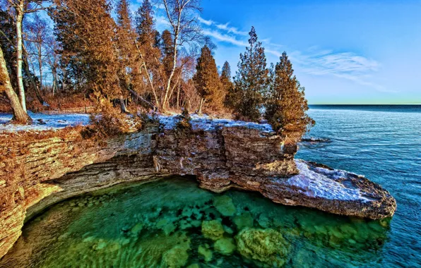 Picture trees, rocks, shore, lake Michigan, Lake Michigan