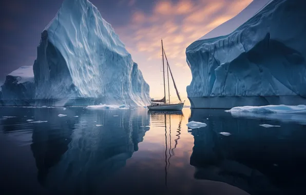 Landscape, the ocean, boat, sailboat, glaciers