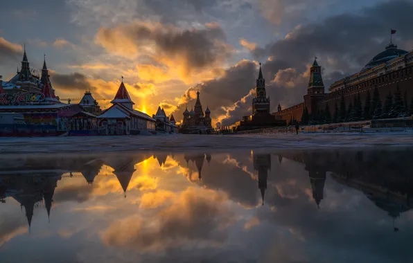 Picture water, the city, reflection, wall, morning, puddle, Moscow, tower