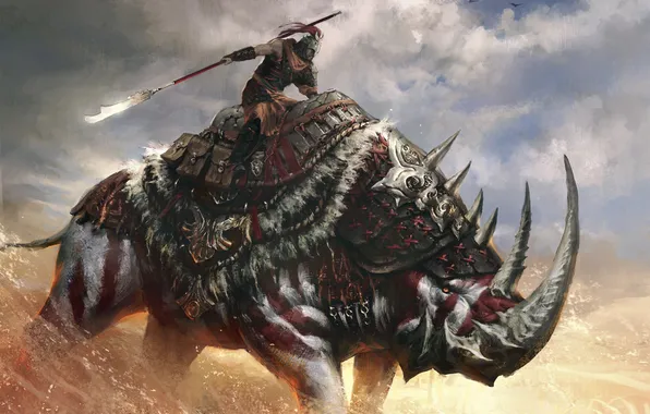 Picture weapons, warrior, art, spear, beast, Age of Conan, Rhino, Concept art