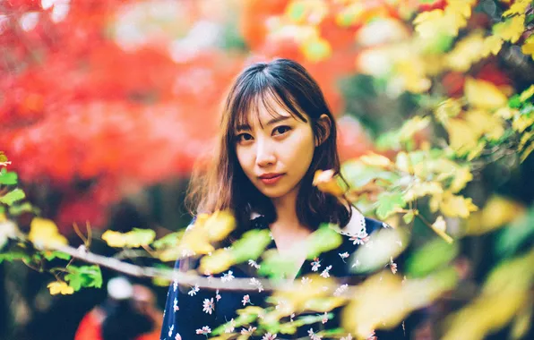 Girl, trees, branch, hair, lips, bokeh, direct look