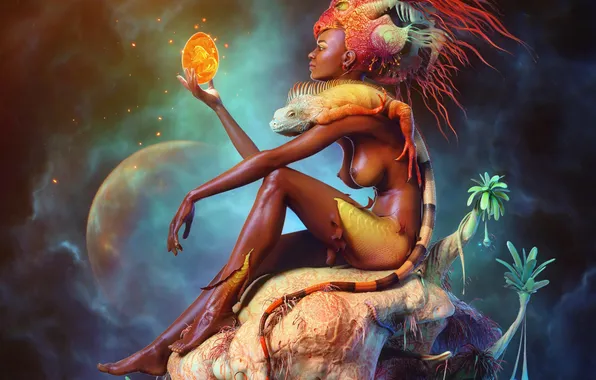 Girl, fiction, lizard, art, iguana, reptile