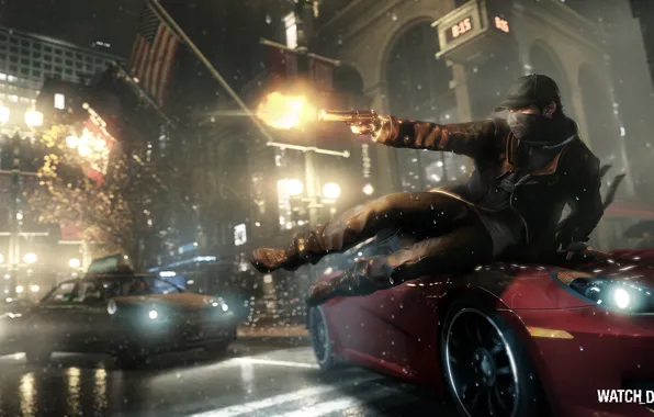 Picture the city, rain, man, flag, America, new York, Watch Dogs