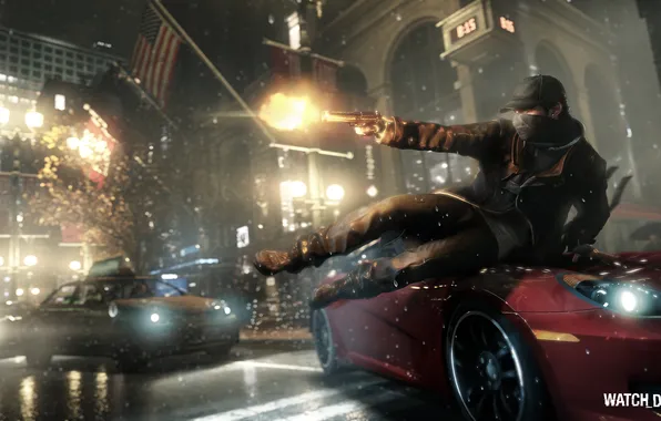 The city, rain, man, flag, America, New York, Watch Dogs