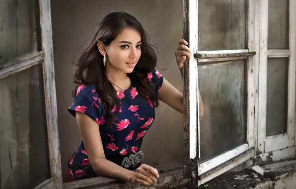 Frame, portrait, makeup, dress, brunette, window, hairstyle, beauty