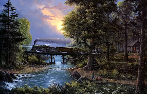 Picture river, trees, bridge, sunset, cat, boy, train, painting