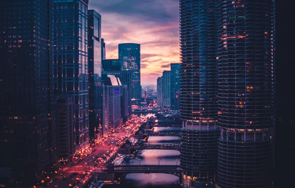 Sunset, skyscrapers, Chicago, USA, Chicago, skyscrapers, Max Bender