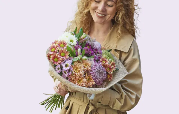 Flowers, Girl, Smile, Hair, Bouquet, Bouquet, Chrysanthemum, Chrysanthemum