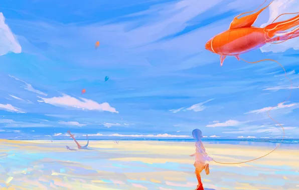 Sea, fish, girl, balloons