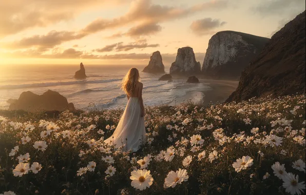 Sea, girl, flowers, mood, rocks, coast, white dress, kosmeya