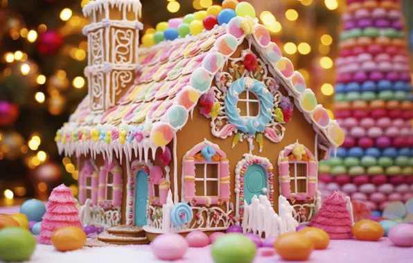Roof, snow, lights, patterns, lights, icicles, cookies, Christmas