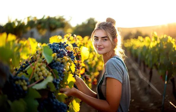 Girl, light, blue, smile, grapes, vineyard, the harvest, bunches of grapes