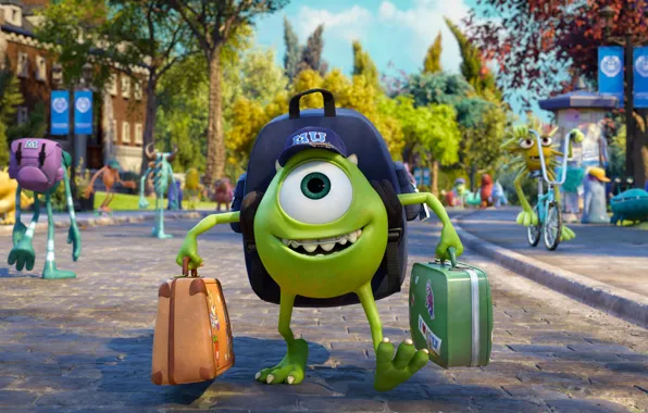 Monsters, Disney, Pixar, Suitcase, Joy, Cap, Mike Wazowski, Monsters university