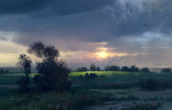 Clouds, flowers, dawn, bird, morning, meadow, the bushes, painted landscape