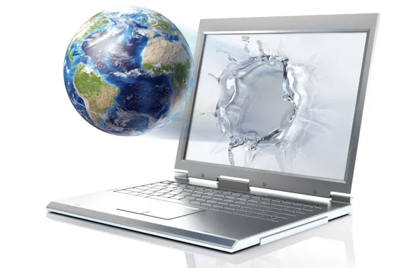 Picture water, drops, rendering, earth, planet, laptop, monitor