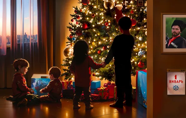 Picture Children, Christmas, New year, Tree, Soldiers, Russia, Art, Photo