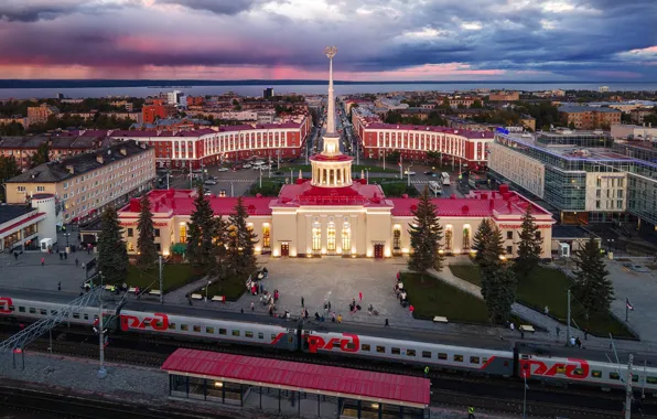 Picture sunset, the city, building, rails, station, train, home, platform