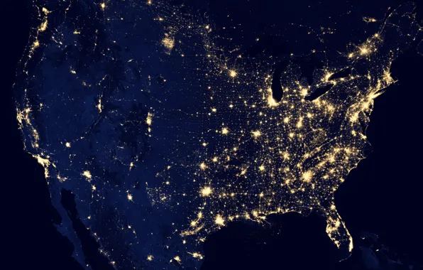Night, lights, earth, planet, USA, North America