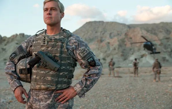 Cinema, gun, pistol, Brad Pitt, soldier, weapon, movie, helicopter