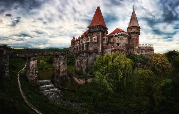 Picture bridge, castle, height, waterfall, architecture