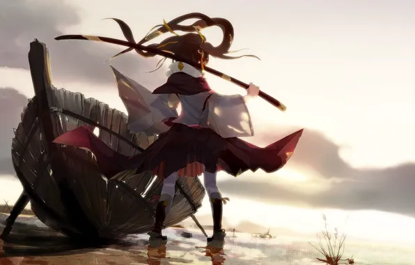 Picture the sky, girl, the sun, clouds, sunset, weapons, boat, katana