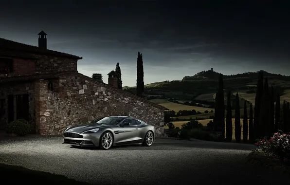 Aston Martin, The sky, The evening, Silver, The building, Vanquish, Sports car, AM310