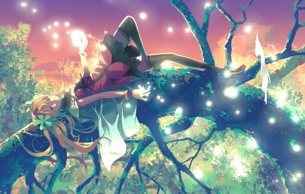 Girl, tree, branch, art, girl, art
