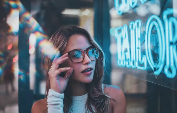 Girl, decoration, portrait, neon, advertising, glasses, bokeh, showcase