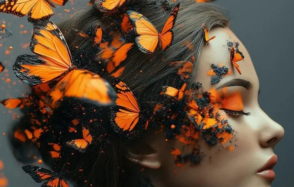 Girl, butterfly, digital art, profel, neural network, created AI